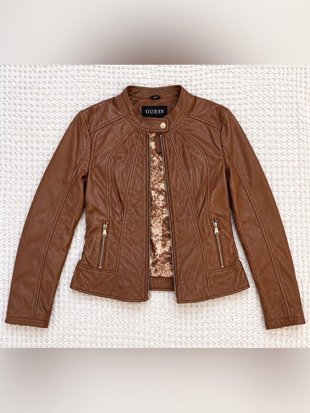 GUESS Women's Brown Genuine Leather Moto Jacket